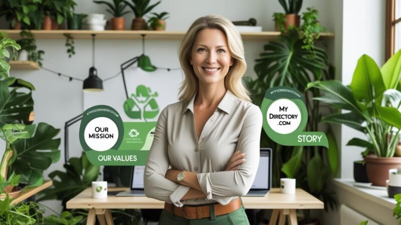 Friendly founder and team in an eco-inspired workspace with green plants, recycled materials, and digital devices, highlighting MyGreenDirectory’s mission, values, and story. Image branded with mygreendirectory.com.