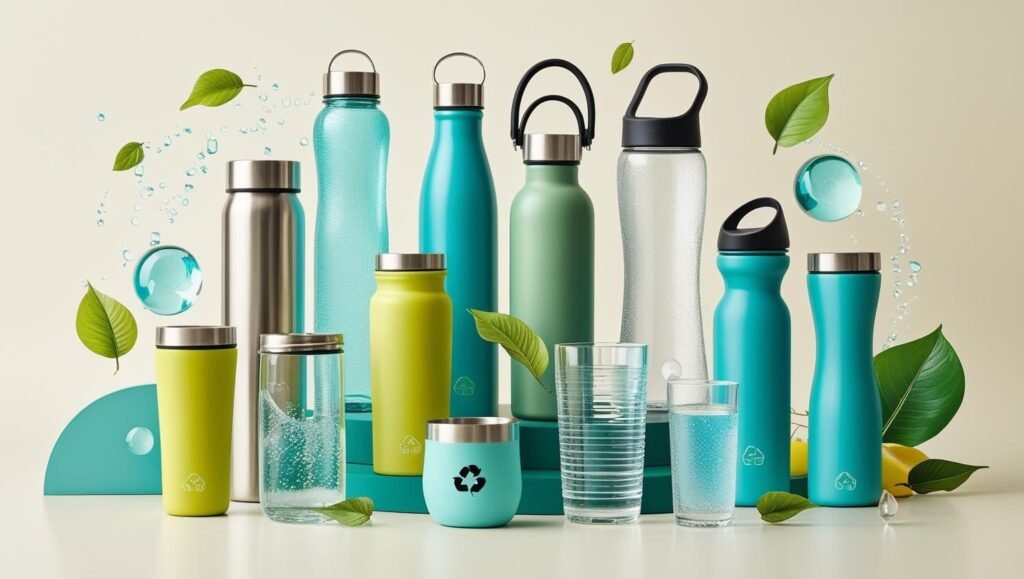 Best BPA-free reusable beverage containers for everyday use: stainless steel, glass, and Tritan plastic bottles arranged on a clean background, promoting eco-friendly hydration and sustainable living. Discover more at mygreendirectory.com.
