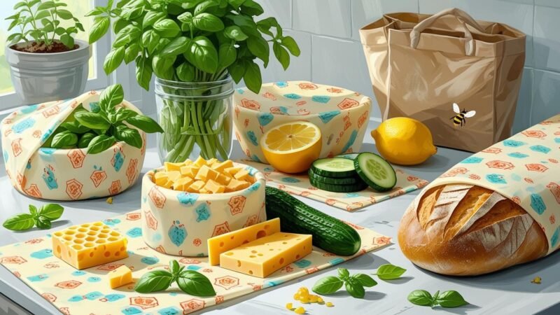 Colorful reusable beeswax wraps covering fresh fruits, vegetables, cheese, and bread on a wooden kitchen surface, showcasing sustainable food storage solutions promoted by mygreendirectory.com.