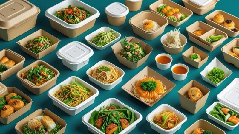 Biodegradable food containers made from sugarcane bagasse, bamboo fiber, PLA, palm leaf, and kraft paper, filled with fresh takeout food and labeled with compostable and plastic-free badges, image by MyGreenDirectory.com.