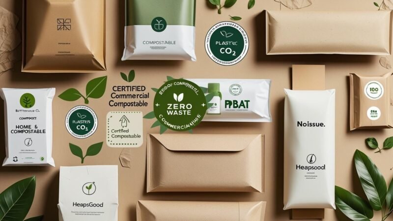 Compostable mailers in various sizes and colors with eco-friendly certification badges and green leaves, displayed on a recycled paper background to highlight sustainable e-commerce shipping solutions for 2025, image by MyGreenDirectory.com