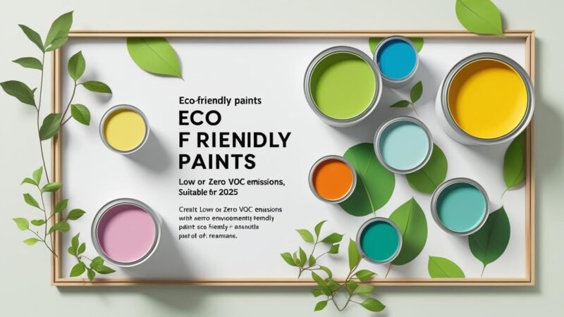 Eco-friendly paint cans and swatches from leading low VOC brands like ECOS Paints and Benjamin Moore Natura, displayed with paintbrushes and “Zero VOC” badges on a fresh, natural background, image by MyGreenDirectory.com
