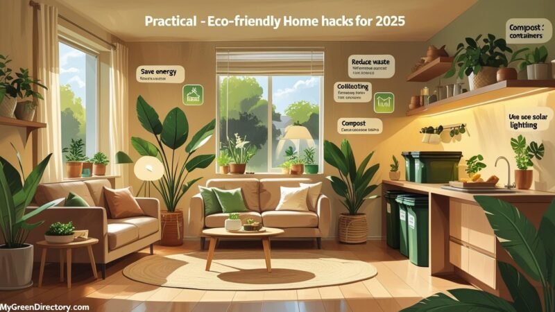 Modern eco-friendly home with solar-powered lights, rainwater collection barrel, compost bin, LED bulbs, reusable containers, and indoor plants, illustrating energy-saving and waste-reducing hacks for 2025. Image branded with mygreendirectory.com.