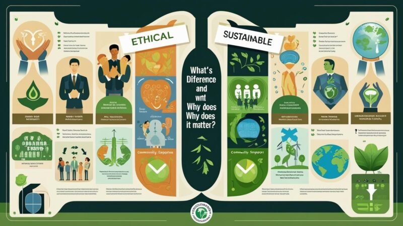 Split infographic contrasting ethical and sustainable practices: one side shows fair labor, human rights, and community support; the other side highlights recycling, renewable energy, and environmental conservation, branded with mygreendirectory.com