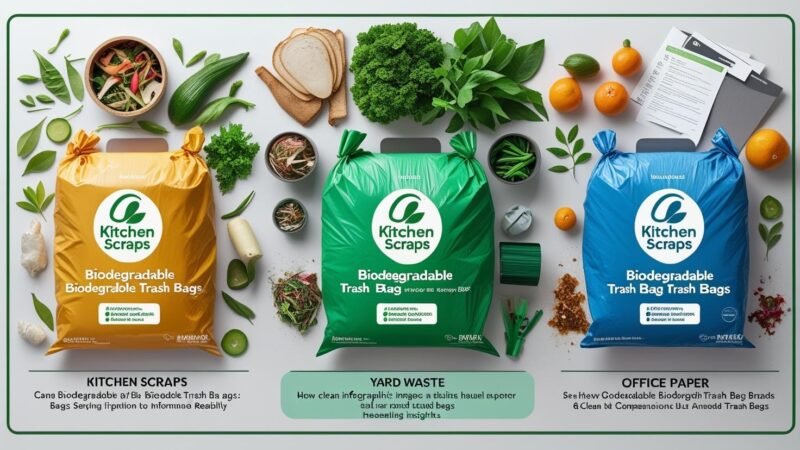 Biodegradable trash bags from leading brands displayed with eco-friendly certifications and features like leak resistance and odor control, arranged next to traditional plastic bags and common waste types, image by MyGreenDirectory.com.