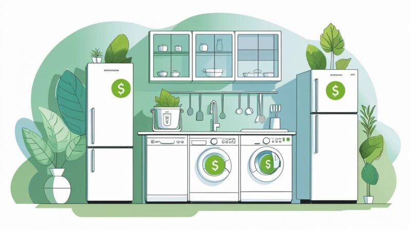 Energy-efficient kitchen appliances including refrigerator, washing machine, and dishwasher with visible green energy labels and eco-friendly icons, promoting smart appliance choices on MyGreenDirectory.com.