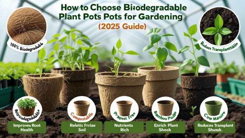 Biodegradable plant pots made from coconut coir, peat, rice hulls, bamboo fiber, and paper pulp with young plants growing in them, displayed in a garden setting with eco-friendly badges and gardening tools, image by MyGreenDirectory.com.
