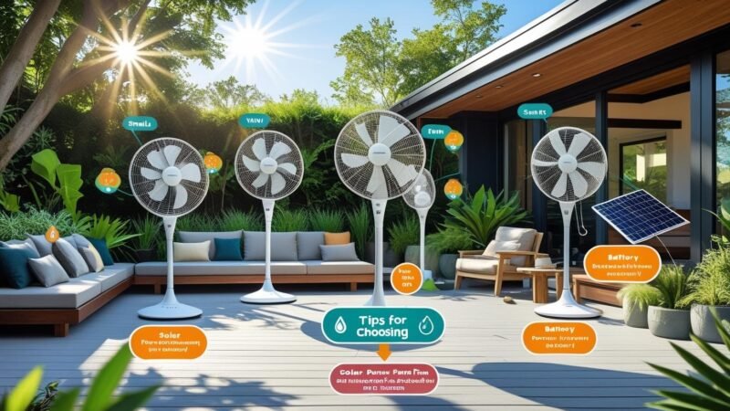 Modern backyard with various solar-powered outdoor fans, solar panels, and eco-friendly features—showcasing tips from mygreendirectory.com on choosing the best solar outdoor fans.