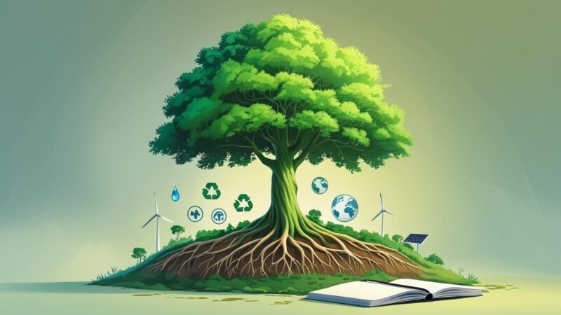 Illustration of a vibrant green tree with deep roots, surrounded by eco-friendly icons like a globe, recycling, water droplets, wind turbines, and solar panels, with a digital tablet and notebook at the base, symbolizing sustainable content creation for environmental topics by mygreendirectory.com.