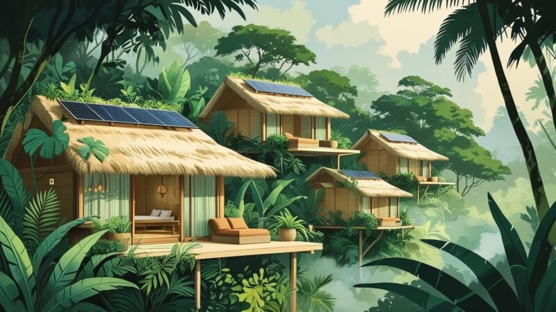 Eco-friendly accommodation surrounded by lush greenery, featuring solar panels and sustainable architecture, representing responsible travel options—discover more at mygreendirectory.com