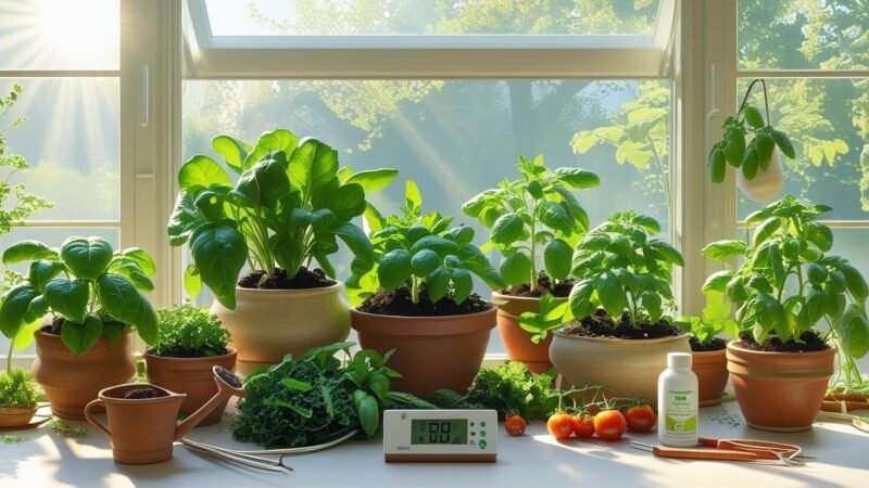 Indoor organic vegetable garden with leafy greens, herbs, and tomatoes in pots by a sunny window, featured by mygreendirectory.com