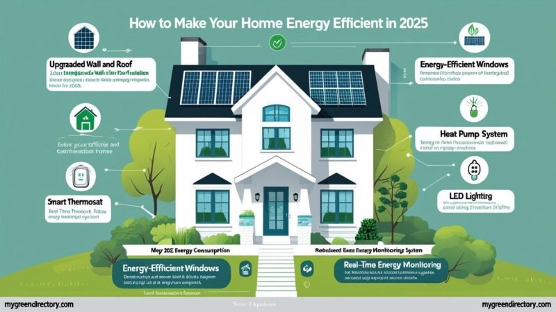 Infographic of a modern energy-efficient home surrounded by icons for solar panels, insulation, smart thermostat, LED lighting, and energy-saving appliances, illustrating 2025 home efficiency upgrades; branded with mygreendirectory.com.