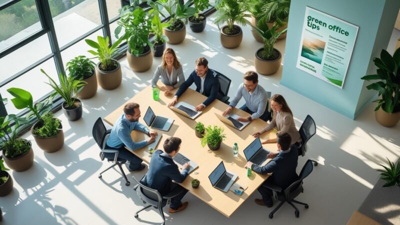 Modern eco-friendly office with natural light, indoor plants, recycling bins, and diverse professionals working sustainably—promoting green office practices with mygreendirectory.com