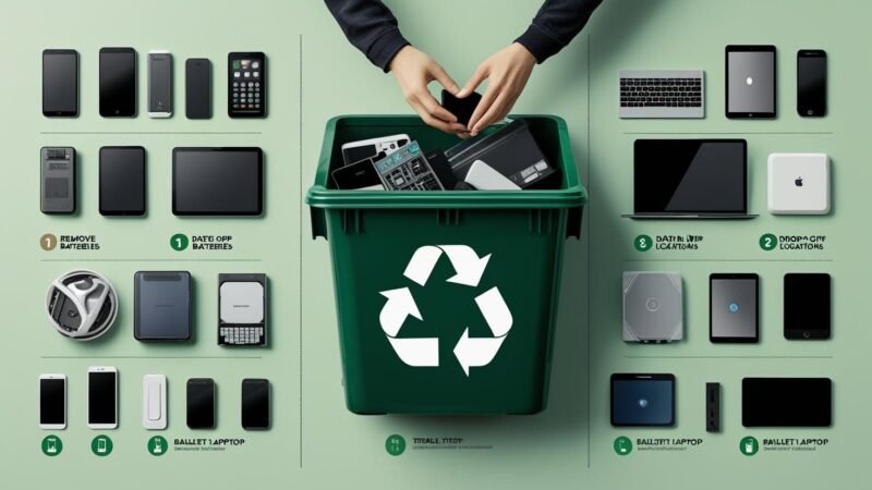 People recycling old electronics like smartphones and laptops in a green e-waste bin, promoting responsible electronics recycling with mygreendirectory.com