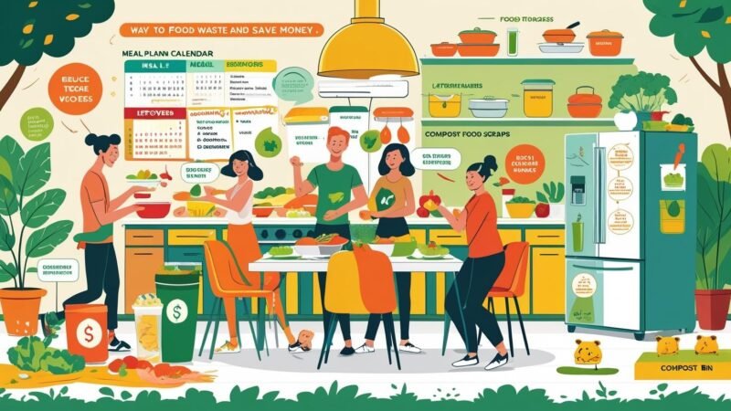 Family using practical tips from MyGreenDirectory.com to reduce food waste and save money, featuring meal planning, composting, and organized food storage in a bright kitchen setting.