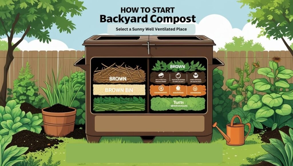 Backyard compost bin with layered organic materials including green food scraps and brown leaves, illustrating how to start composting at home, featured on mygreendirectory.com.
