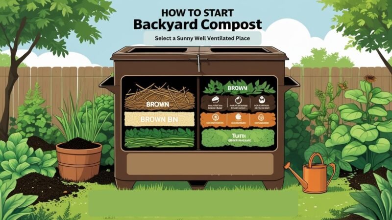 Backyard compost bin with layered organic materials including green food scraps and brown leaves, illustrating how to start composting at home, featured on mygreendirectory.com.