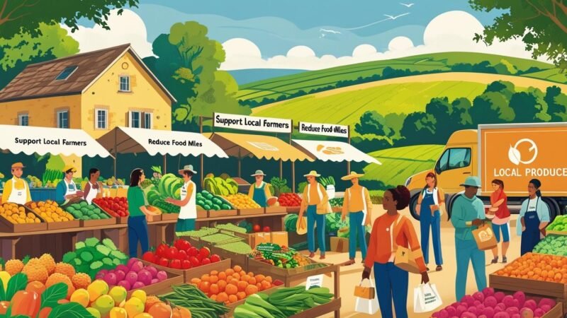 Shoppers at a vibrant farmers market buying fresh local produce from diverse farmers, promoting support for local agriculture and reducing food miles—mygreendirectory.com