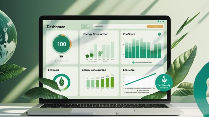 Dashboard illustration showing eco-friendly website impact metrics, including carbon footprint and energy usage, with mygreendirectory.com branding.
