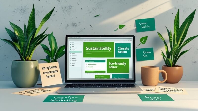 Google search bar on a laptop showing autocomplete suggestions for green blog topics, with eco-friendly icons and mygreendirectory.com branding