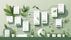 Green blog website with interconnected internal links, eco-friendly icons, and SEO symbols, illustrating internal linking strategies for better SEO on mygreendirectory.com