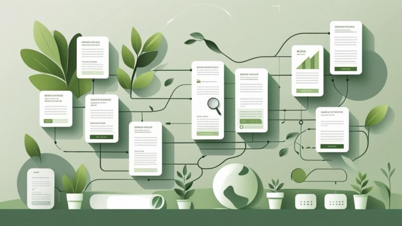 Green blog website with interconnected internal links, eco-friendly icons, and SEO symbols, illustrating internal linking strategies for better SEO on mygreendirectory.com