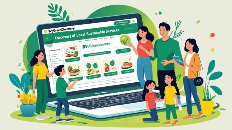 People using MyGreenDirectory.com on a laptop to find local sustainable services like eco-friendly dining, renewable energy, and ethical shopping in their community.