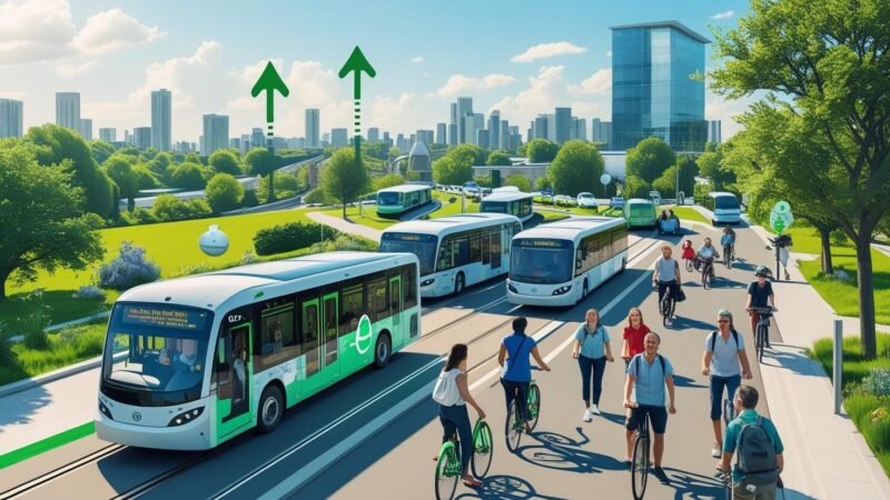 Modern cityscape featuring buses, trams, and trains with people using public transport to reduce emissions, promoting sustainability and mygreendirectory.com.