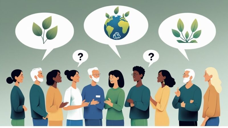 Diverse group discussing sustainability with speech bubbles showing question marks and eco-friendly icons, illustrating question-based keyword strategies for sustainability topics on mygreendirectory.com