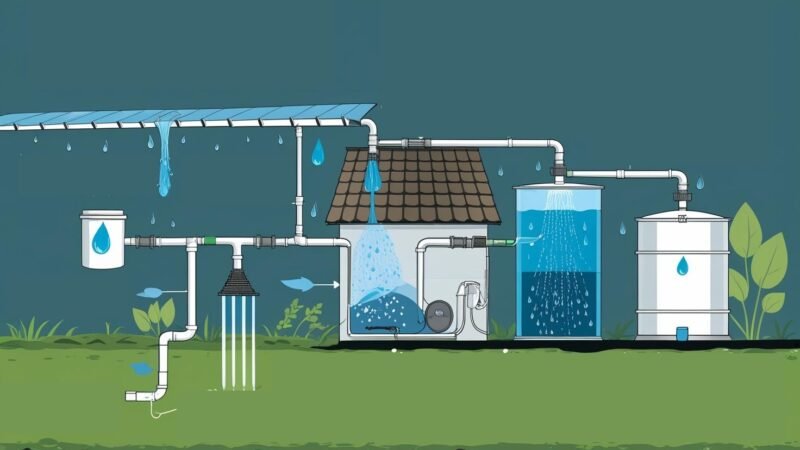 Diagram of a home rainwater harvesting system showing roof collection, gutters with screens, downspouts, first-flush diverter, storage tank with insect-proof flap valve, pump, and irrigation filter – sustainable water conservation by MyGreenDirectory.com