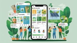 People engaging with sustainability content on social media platforms, promoting eco-friendly practices online, with mygreendirectory.com featured as a resource for green initiatives.
