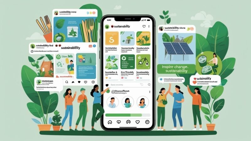 People engaging with sustainability content on social media platforms, promoting eco-friendly practices online, with mygreendirectory.com featured as a resource for green initiatives.