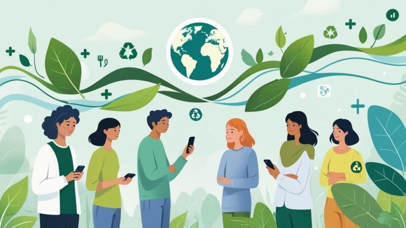 Person using voice search on a smartphone, surrounded by eco-friendly icons like leaves and recycling symbols, representing how mygreendirectory.com helps users find sustainable solutions through voice search.