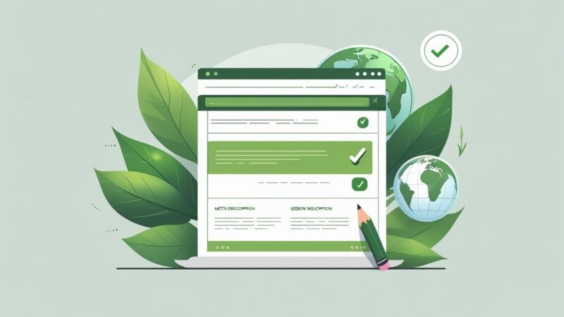 SERP illustration highlighting a green meta description box, surrounded by eco-friendly symbols like leaves and a globe, representing sustainable SEO tips from mygreendirectory.com