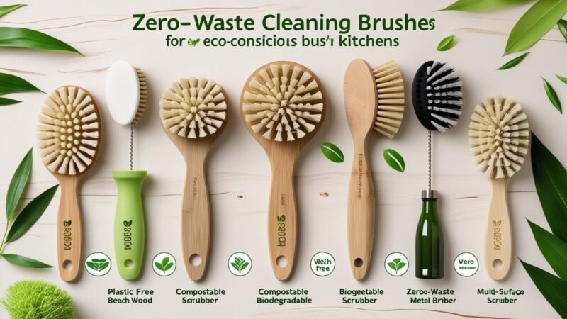 Selection of zero waste cleaning brushes and scrubbers made from bamboo, beechwood, sisal, and coconut fiber, including dish brushes and vegetable scrubbers, arranged on a natural background to highlight compostable, plastic-free, and eco-friendly cleaning tools, image by MyGreenDirectory.com