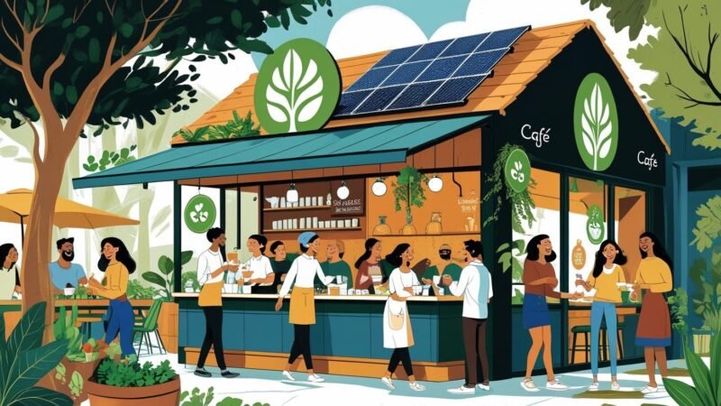 Diverse eco-conscious customers engaging with a sustainable business showcasing green practices, eco-friendly products, and visible mygreendirectory.com branding.