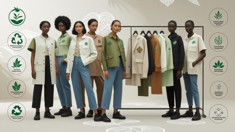 Diverse group of people wearing eco-friendly clothing made from organic and recycled materials, standing by a minimalist wardrobe with green fashion icons, illustrating sustainable fashion for mygreendirectory.com in 2025