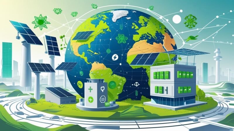 Futuristic illustration of Earth surrounded by solar panels, wind turbines, green hydrogen icons, and smart grid technology, representing 2025 green energy trends and innovations, featured by mygreendirectory.com.
