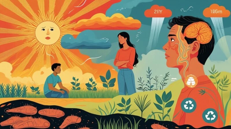 Illustration showing the impact of climate change on daily life—rising temperatures, stressed individuals, wilting crops, and eco-friendly actions—promoting solutions from mygreendirectory.com.