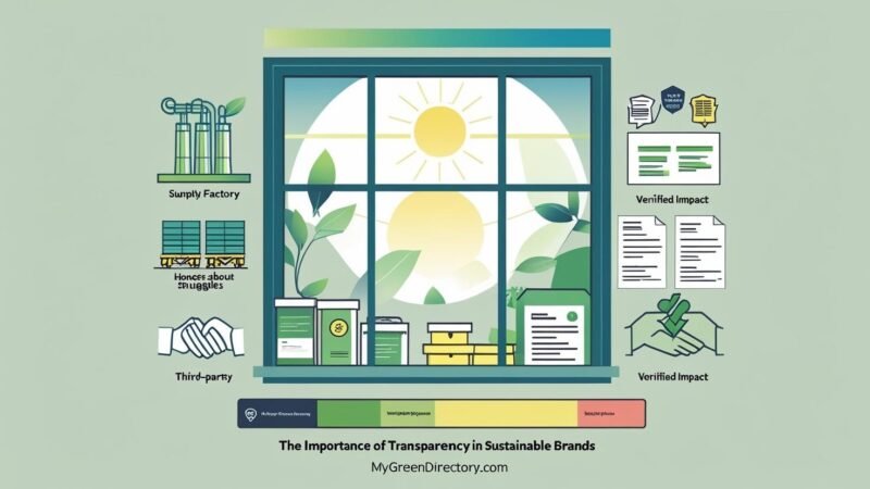 Infographic featuring a clear window and magnifying glass symbolizing transparency, surrounded by icons for supply chain visibility, certifications, honest reporting, and community impact, visually representing the importance of transparency in sustainable brands; branded with mygreendirectory.com.