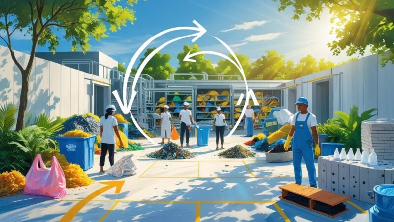 Circular economy concept with people recycling plastic waste, arrows forming a loop, and upcycled products, illustrating plastic reduction for mygreendirectory.com