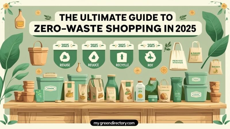 Infographic showing zero-waste shopping essentials for 2025, including reusable containers, bulk bins, cloth bags, and package-free products, with the five R’s of sustainability. Image branded with mygreendirectory.com.