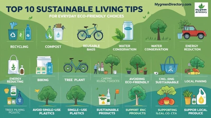 nfographic illustrating the top 10 sustainable living tips for everyday eco-friendly choices, including recycling, composting, using reusable bags, conserving water, biking, reducing energy use, planting trees, avoiding single-use plastics, choosing sustainable products, and supporting local produce. Branded with mygreendirectory.com.
