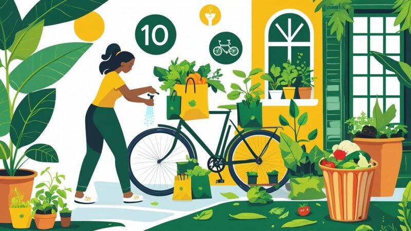 Colorful collage of everyday eco-friendly habits like reusable bags, biking, composting, and saving water, illustrating easy sustainable swaps. Image by mygreendirectory.com.