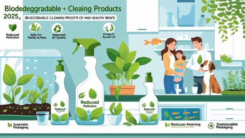 Eco-friendly biodegradable cleaning products with green labels, surrounded by plants and clean indoor space, highlighting environmental and health benefits in 2025—featured by MyGreenDirectory.com.