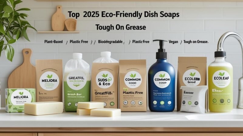 Eco-friendly dish soaps in solid bars, liquid refills, and compostable packaging from leading sustainable brands arranged on a clean kitchen countertop with “plant-based,” “biodegradable,” and “plastic-free” badges, highlighting tough grease-fighting power, image by MyGreenDirectory.com.