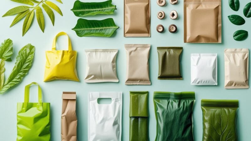 Plant-based biodegradable packaging options for small businesses, including PLA bags, mushroom packaging, cellulose wraps, seaweed pouches, and compostable mailers, arranged on a natural background with sustainability badges, by MyGreenDirectory.com.