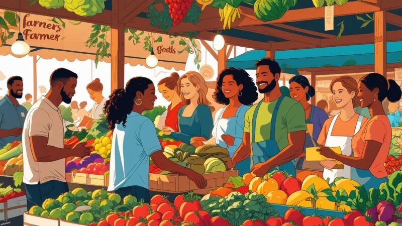 Infographic of a vibrant local market scene with eco-friendly products, statistics bubbles, and community members shopping, illustrating the impact, numbers, and real stories of buying local and sustainable, branded with mygreendirectory.com