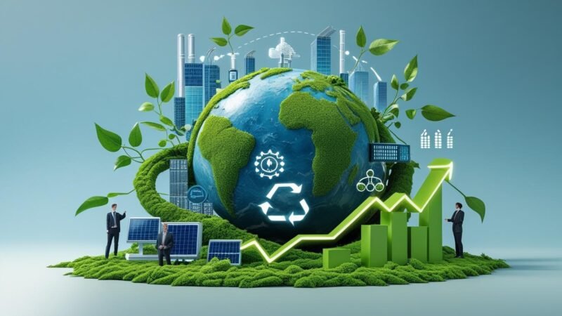 Globe surrounded by green business icons, renewable energy, and diverse professionals, symbolizing why sustainable business matters and the green future of commerce for mygreendirectory.com in 2025.