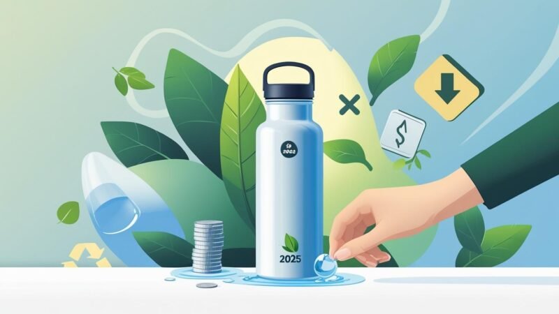 Eco-friendly reusable water bottle surrounded by green leaves, coins, and water drops, symbolizing sustainability, cost savings, and health benefits, featured by mygreendirectory.com.